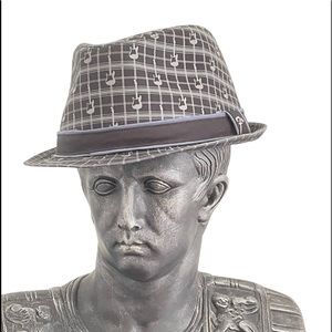 FENDER AXE PLAID FEDORA HAT – L/XL – GRAY PLAID. STRAT SILHOUETTE DESIGN.